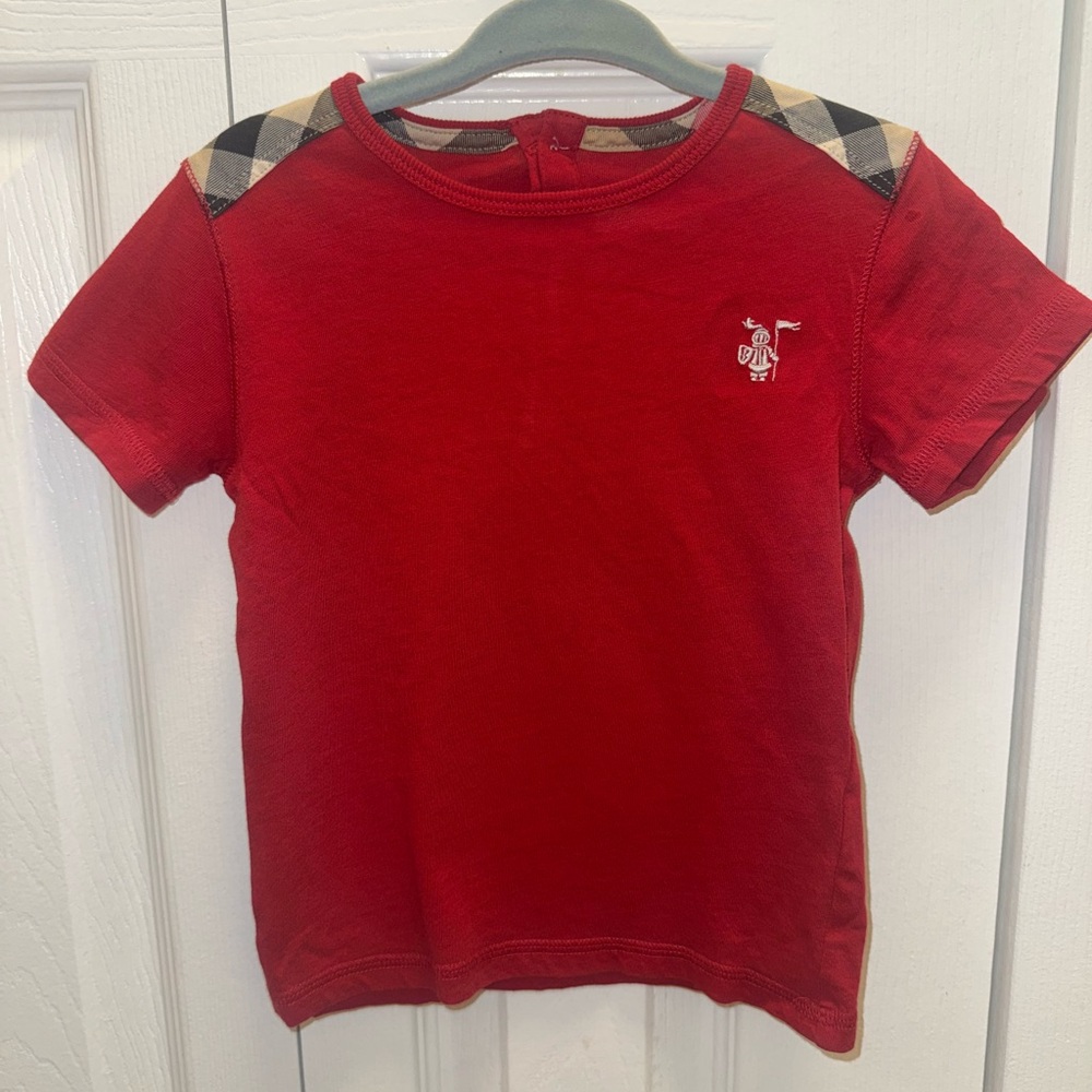 Burberry Red Kids Tee with Checkered Shoulder Detail